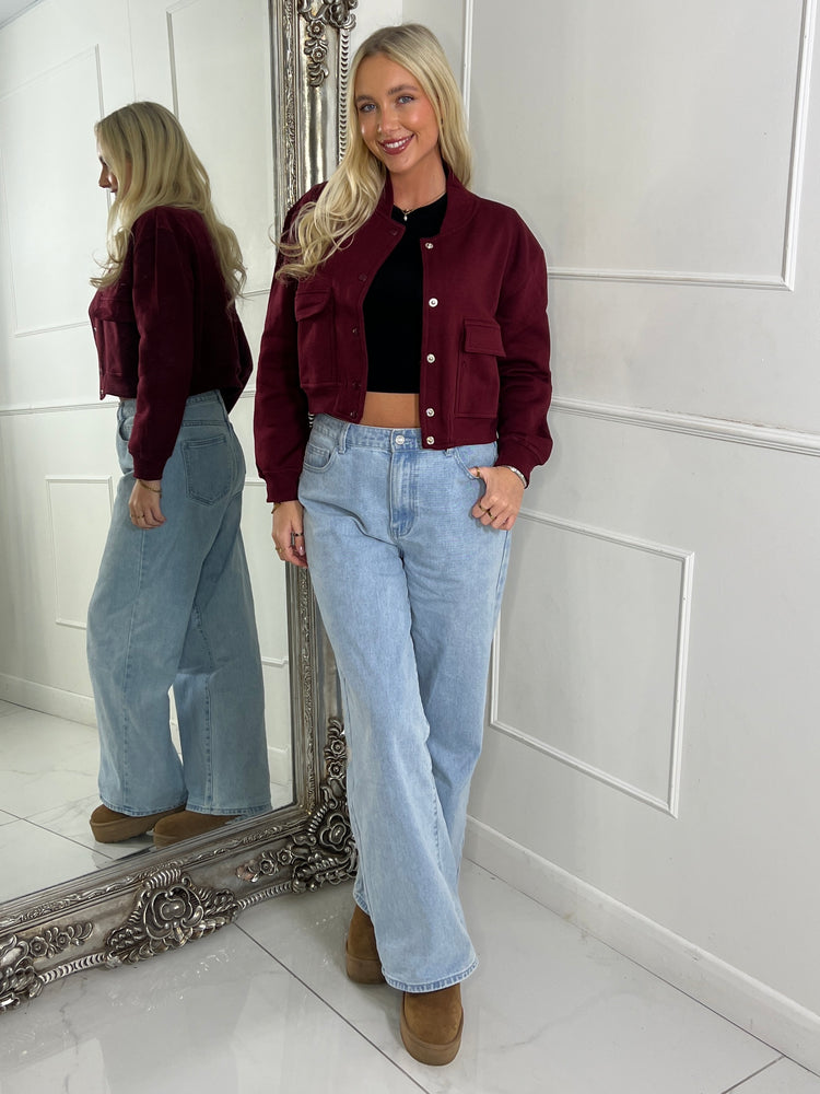 Soft Cotton Cropped Pocket Detail Bomber Jacket - Wine Burgundy