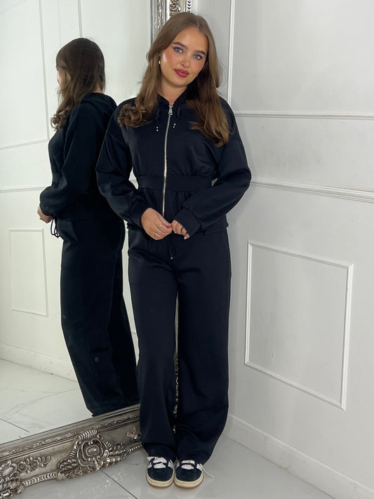 Straight Leg Trousers & Sinch Waist Detail Hoodie Co Ord - Black