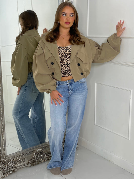 Crop Balloon Sleeve Trench Jacket - Taupe