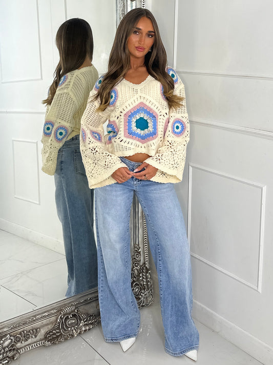 Flare sleeve V Neck Crochet Top - Beige/Multi Five