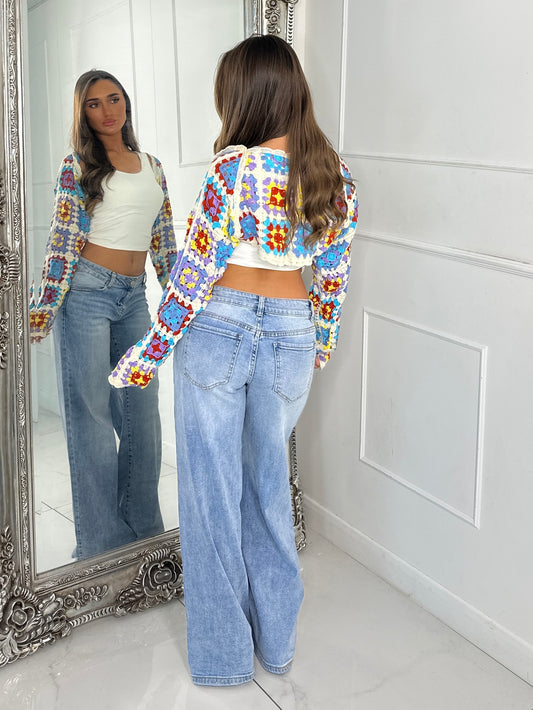 Extreme Cropped Long Sleeve Crochet Cardigan - Beige/Baby Blue Multi