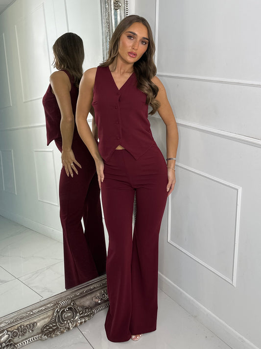 V neck Button Detail Waistcoat & Kick Flares Set - Wine