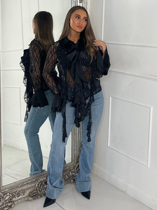 Lace Sheer Diamante Ruffle Shirt - Black