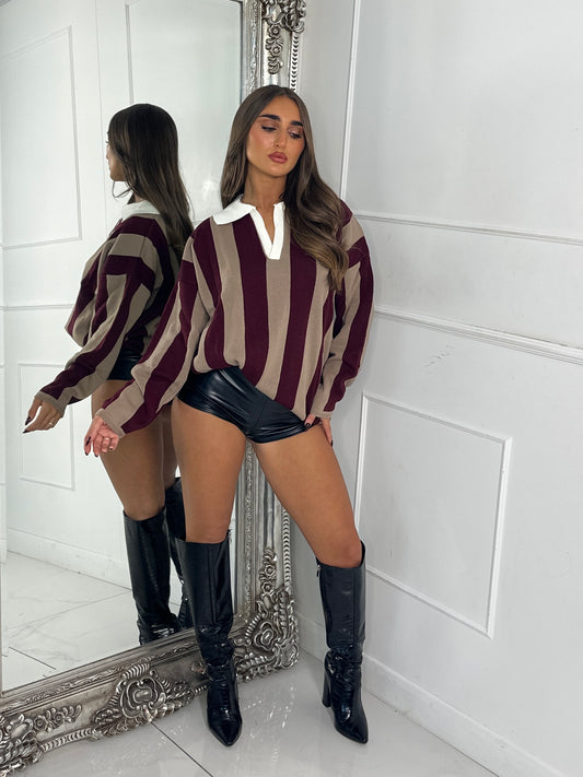 Collar Detail Striped Varsity Jumper - Wine/Beige
