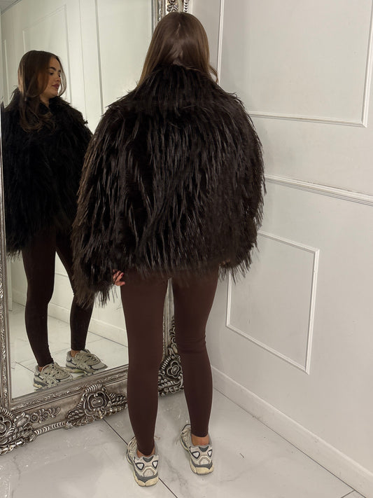 Oversized Shaggy Faux Fur Jacket - Brown