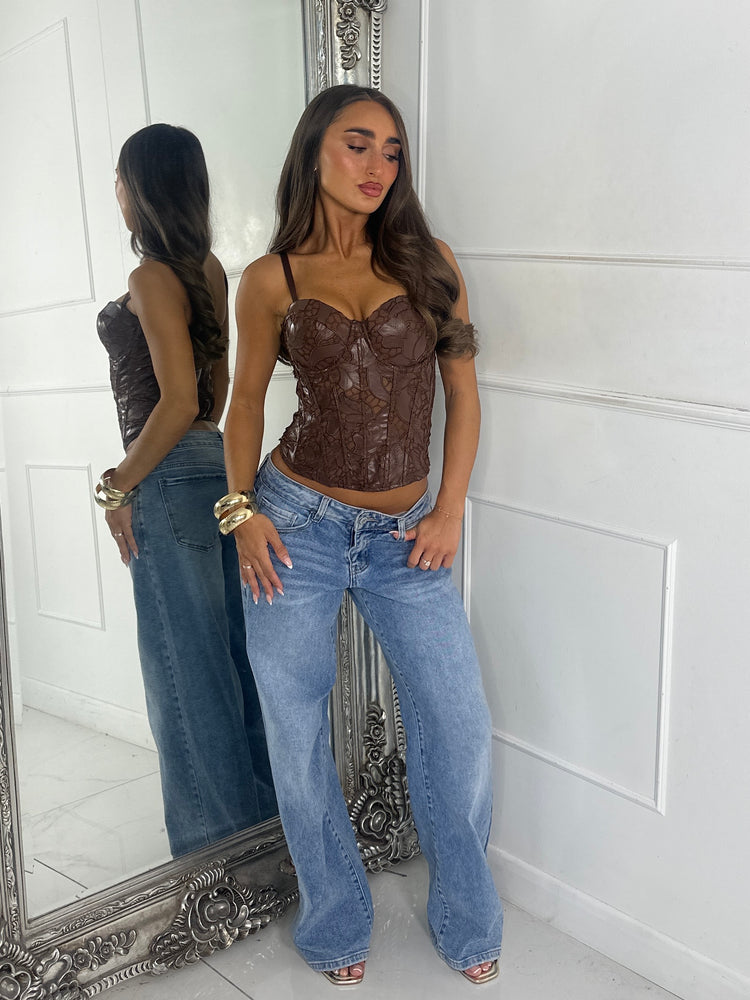 Amara Lace/Pu Corset Top - Chocolate