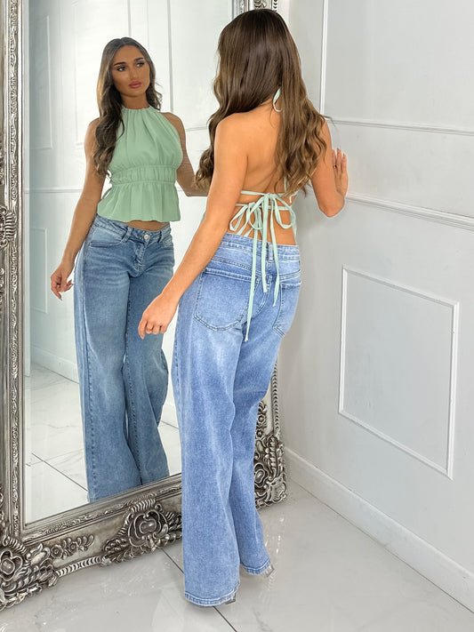 Halter neck tie back chiffon top - Sage Green