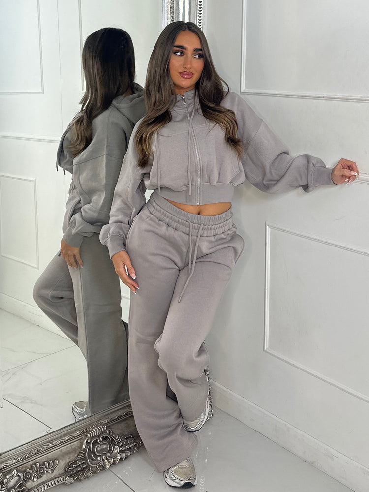 Hooded Zip Up & Double Waist Band Wide Leg Joggers Tracksuit - Dove Grey