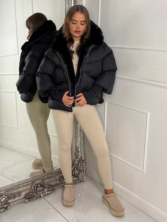 Hooded Puffer Coat With Faux Fur Trim - Black