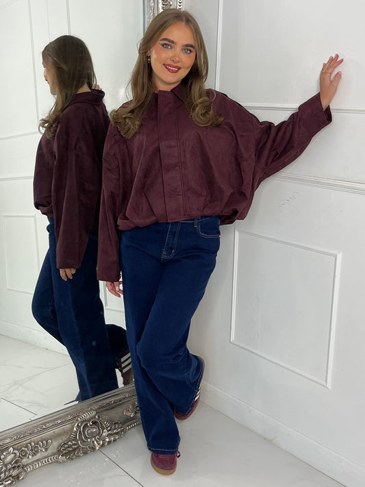 Suede Collared Oversized Bomber Jacket - Wine