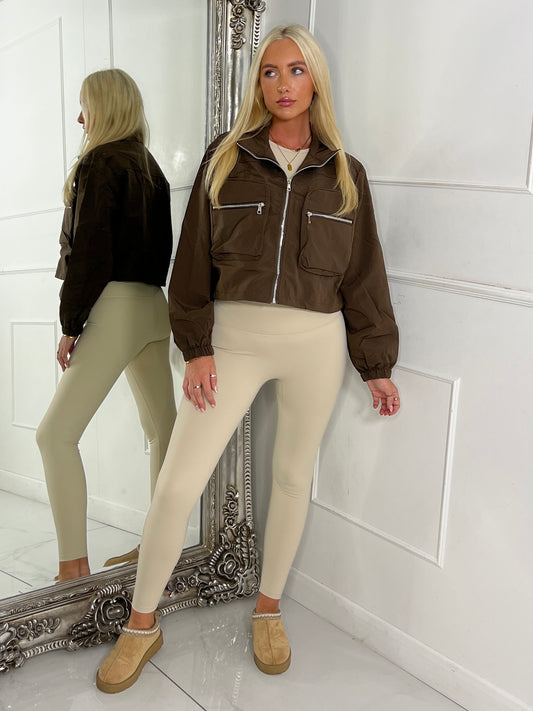 Double pocket Detail Cropped Jacket -Chocolate Brown