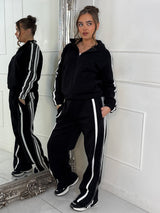 Side Stripe Collared Zip Up Jacket & Joggers Tracksuit - Black
