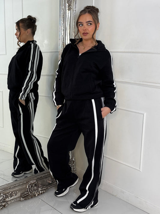 Side Stripe Collared Zip Up Jacket & Joggers Tracksuit - Black
