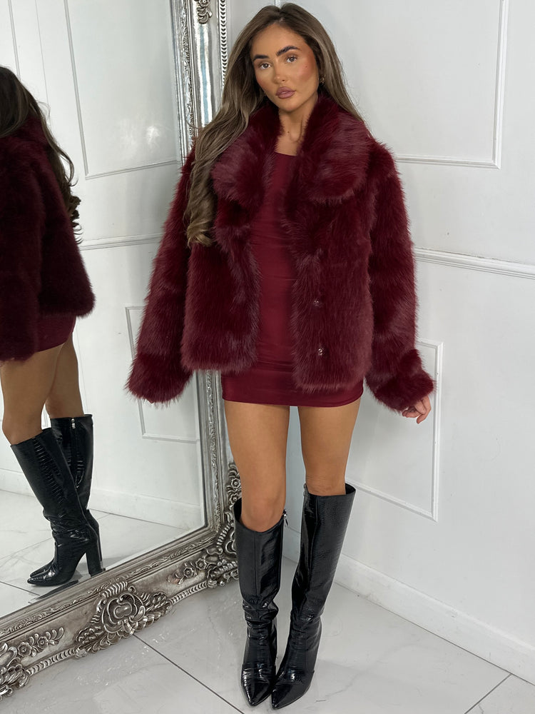 Oversized Collar Faux Fur Coat - Wine