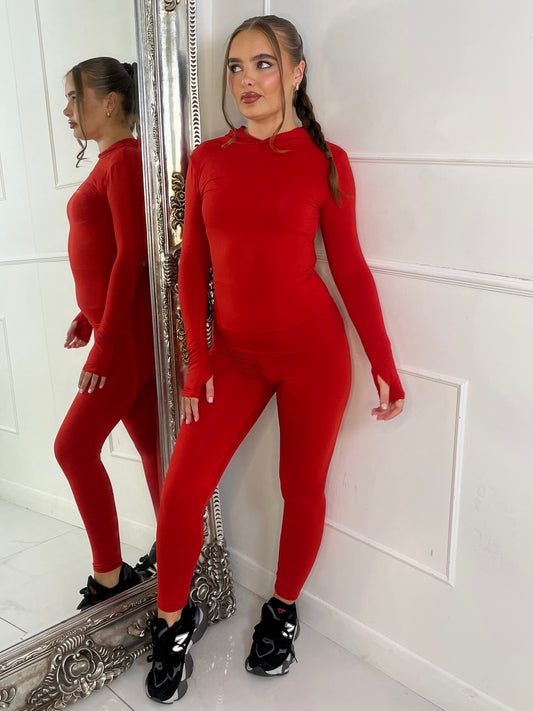 Long Sleeve Second Skin Hooded Top and Leggings Co-Ord - Red