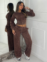 Cropped Zip Up Acid Wash Tracksuit - Chocolate