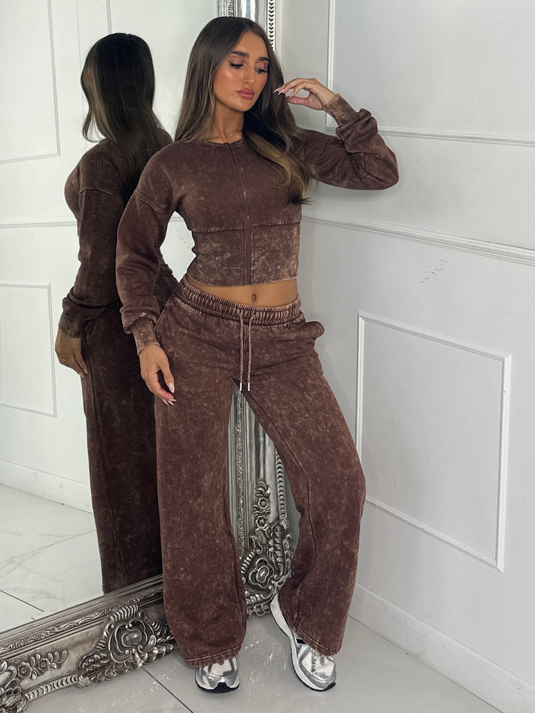 Cropped Zip Up Acid Wash Tracksuit - Chocolate