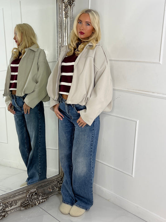 Collared Oversized Bomber Jacket - Cream