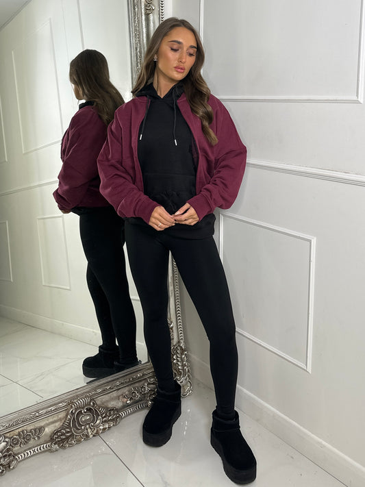 Oversized Seam Detail Zip Up Bomber Jacket - Wine