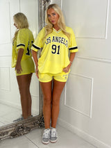 Los Angeles Varsity Top & Matching Shorts Co-ord - Yellow/ Black & White