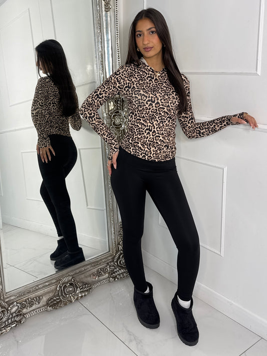 Long Sleeve Second Skin Hooded Top - Leopard Print