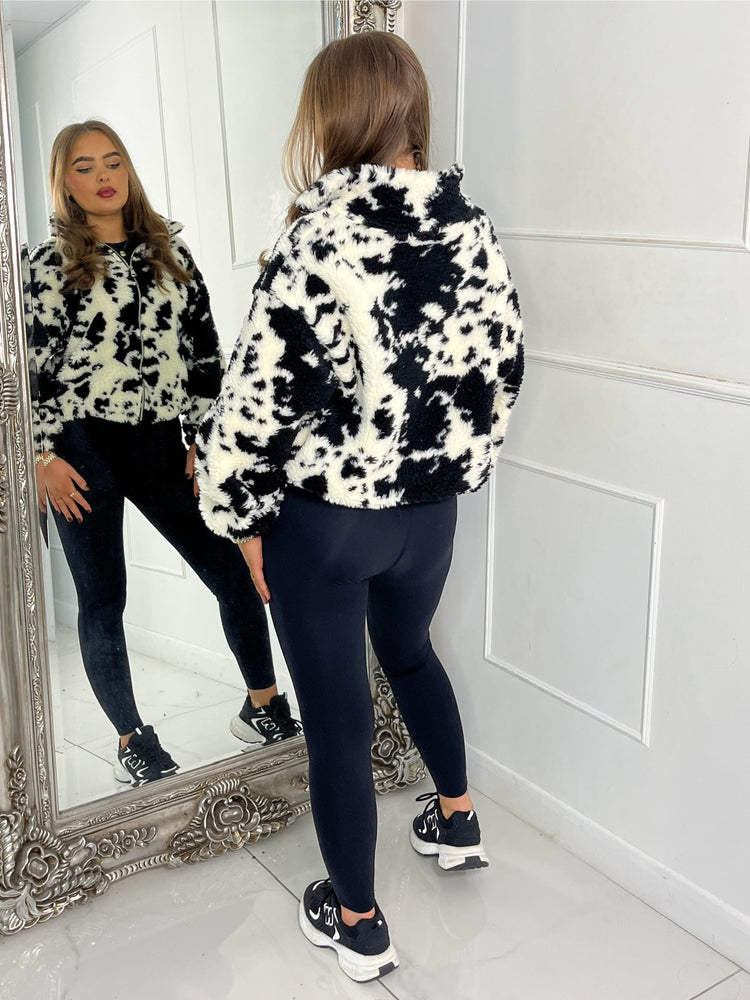 Smudge Print Zip Up Fleece Teddy Jacket - Black/White