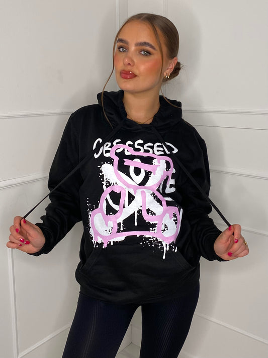 Obsessed Teddy Print Hoodie - Black