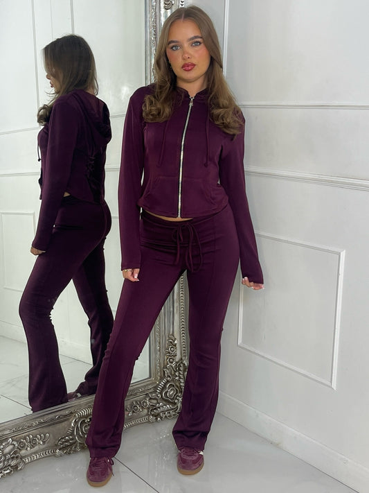 Tie Up Corset Detail Back Hoodie & Seam Detail Flared Pants - Wine