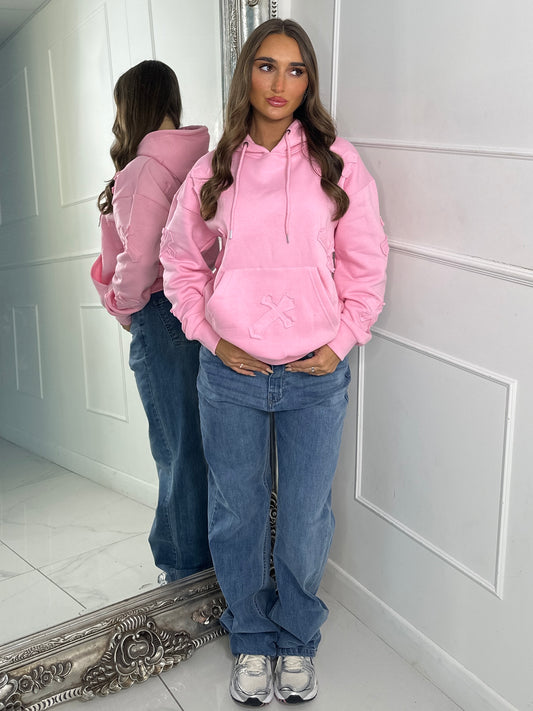 Embroidered Cross Hoodie -Barbie Pink