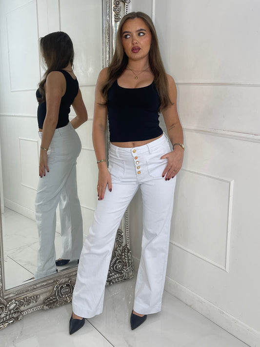 High Waist Pocket Front Jewelled Button Jeans - White