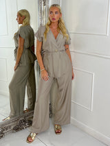Linen Tie Waist V Neck Top & Wide Leg Pants Co-Ord - Taupe