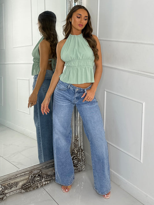 Halter neck tie back chiffon top - Sage Green