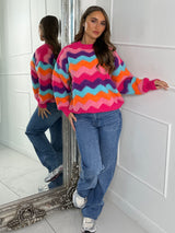 Zig Zag knit Oversized Jumper - Pink/Orange Multi