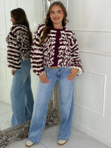 Soft Fluffy Loop Detail Cardigan - Wine/Cream Mixed