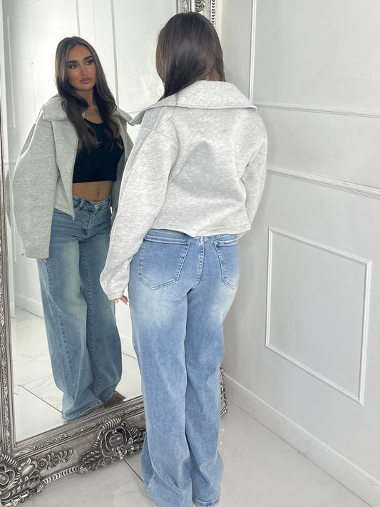 Zip Up Oversized Collar Jacket - Bleach Grey