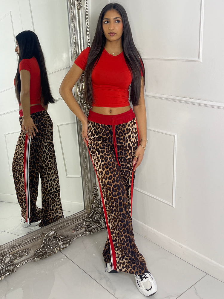 Leopard Print Wide Leg Side Stripe Trousers