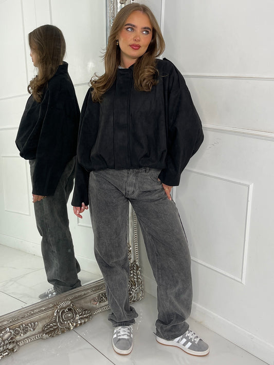 Suede Collared Oversized Bomber Jacket - Black