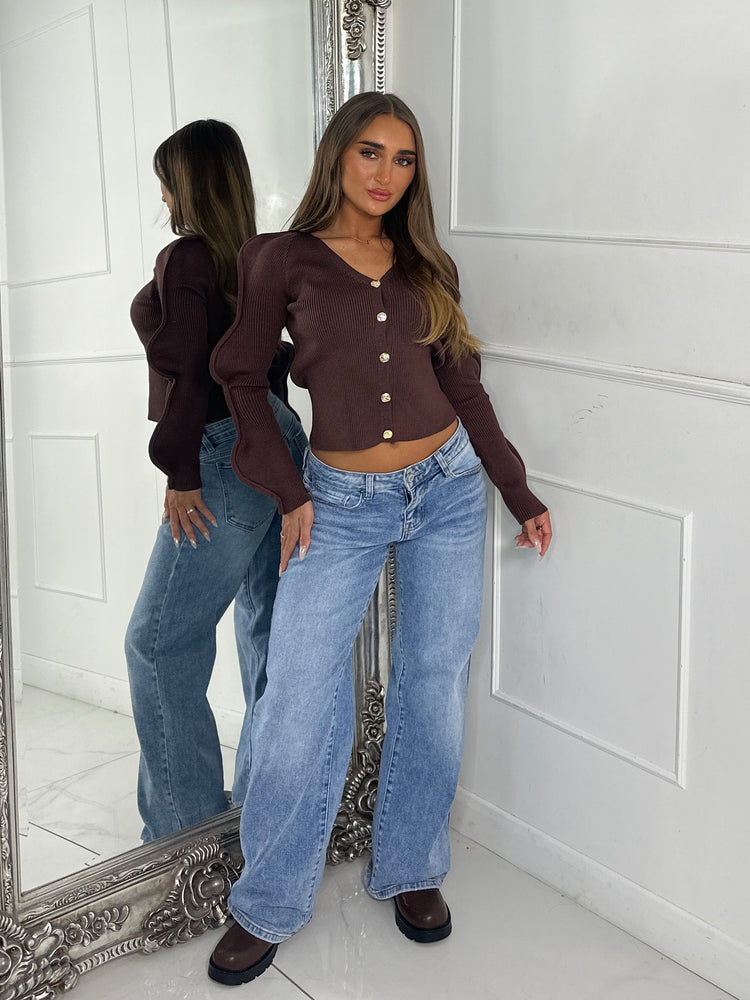 Wavy Arm Gold Button Cardigan - Brown