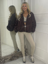 Zip up Puff sleeve oversized windbreaker - Chocolate Brown