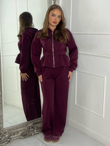 Straight Leg Trousers & Sinch Waist Detail Hoodie Co Ord - Wine