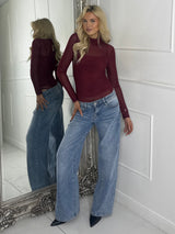 Mesh Long Sleeve Bodysuit With Under-layer Vest Top - Wine