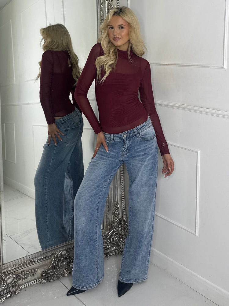 Mesh Long Sleeve Bodysuit With Under-layer Vest Top - Wine