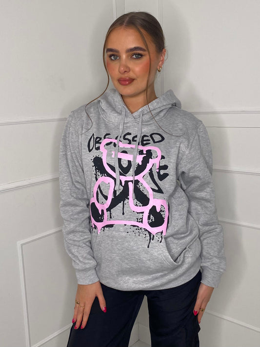 Obsessed Teddy Print Hoodie - Grey