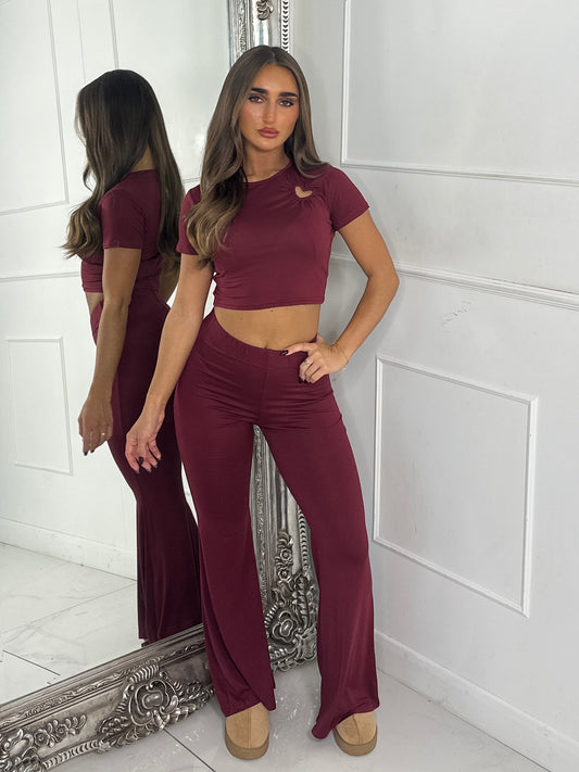 Heart Detail Crop Top & Wide Leg Pants Set - Wine