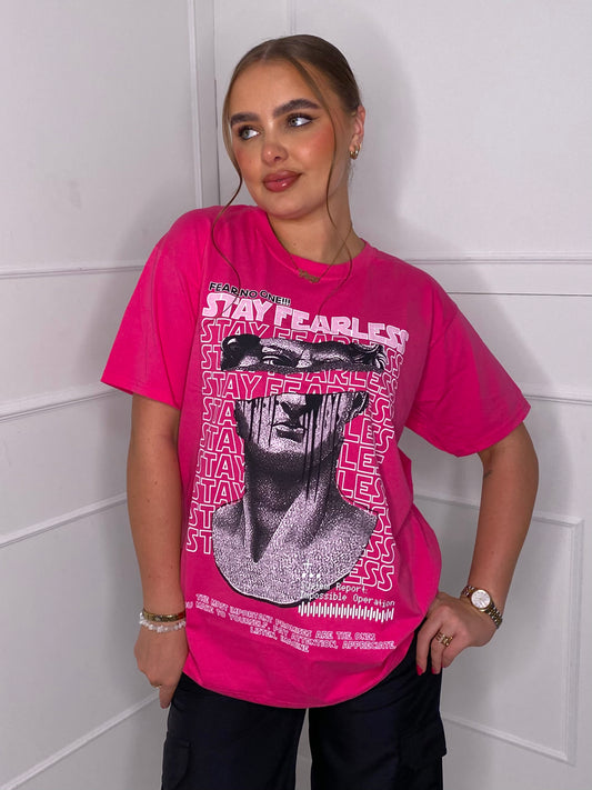 Fearless Statue Print  T-shirt- Hot Pink