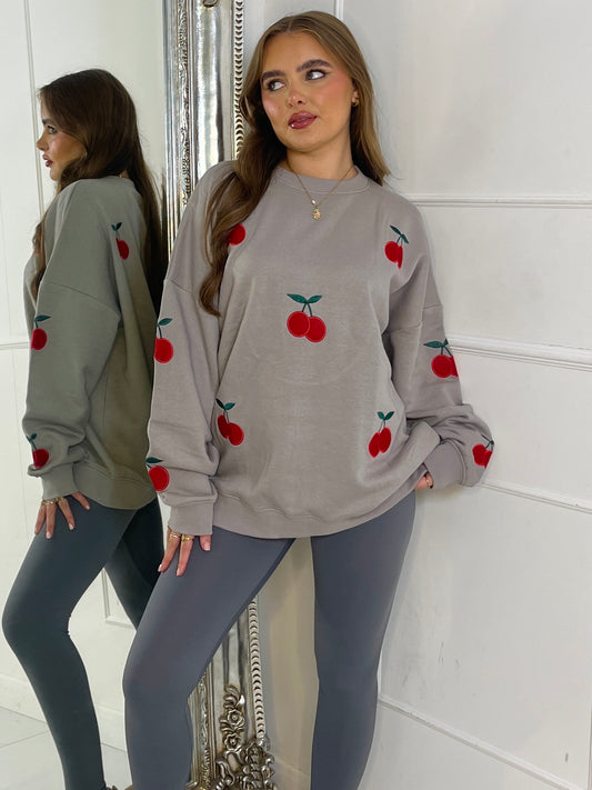 Embroidered Cherry Sweatshirt - Grey