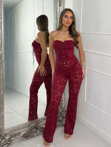 Lace Up Detail Jumpsuit - Wine