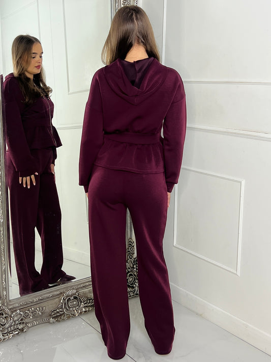 Straight Leg Trousers & Sinch Waist Detail Hoodie Co Ord - Wine
