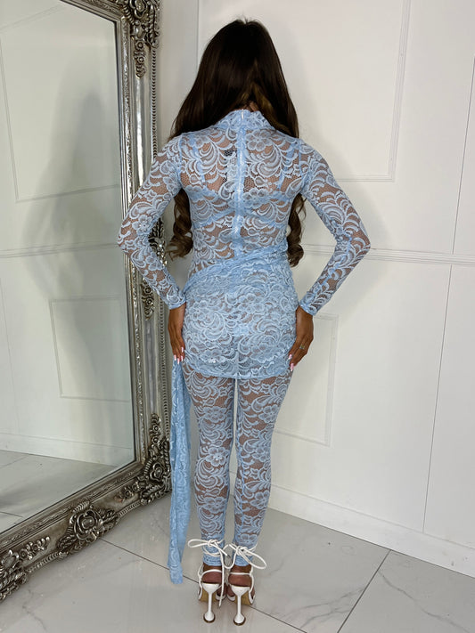 Sash Skirt Overlay Detail Lace Jumpsuit - Baby Blue