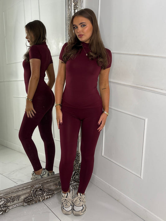 High Neck Second Skin Top & Sculpt Panel Leggings - Wine